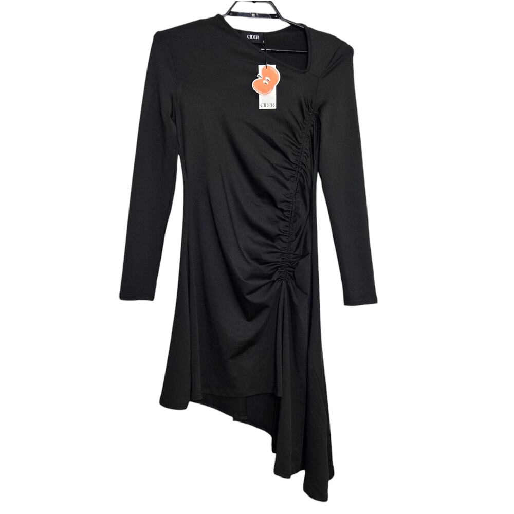 NEW Cider Dress Asymmetric Black Size Large Ruched Long Sleeve